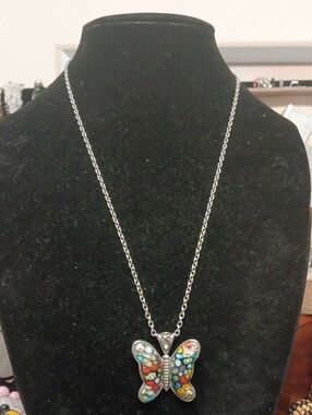 Silver-Tone Butterfly Millefiori Pendant Necklace in Multicolor